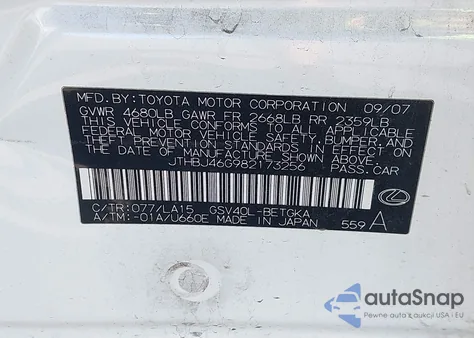 2008 Lexus Es 350 из США, поврежденный, VIN JTHBJ46G982173256